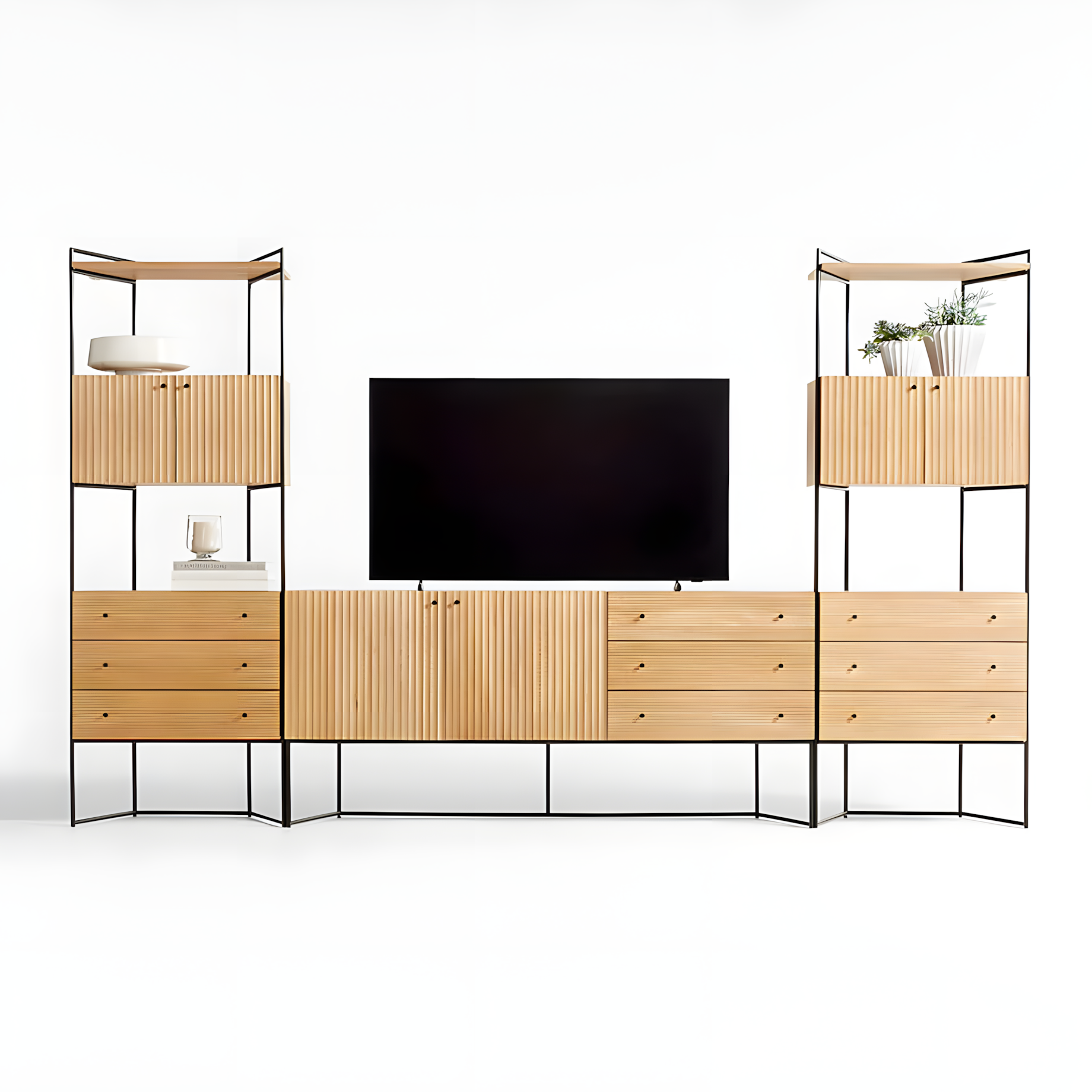 Eviez Living Lounge LED Media Console Storage Bookcases Rack Solid Wood